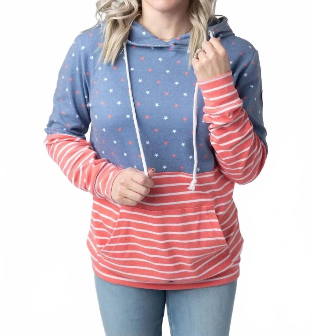 NEW MICHELLE MAE hailey stars and stripes pullover hoodie in faded navy blue and